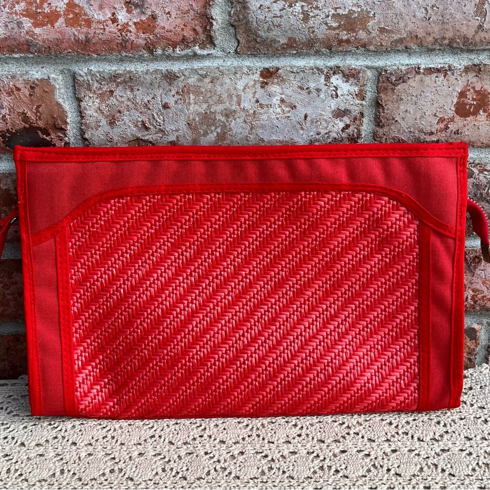 Vintage 70s Bohemian Boho Red Straw Canvas Clutch Bag